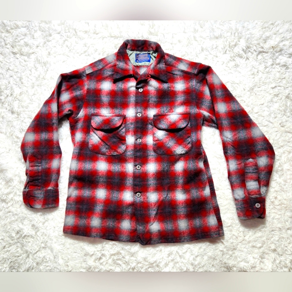 Vintage Pendelton Boys M Wool Shadow Plaid Button Up Shirt Red Black 60s USA